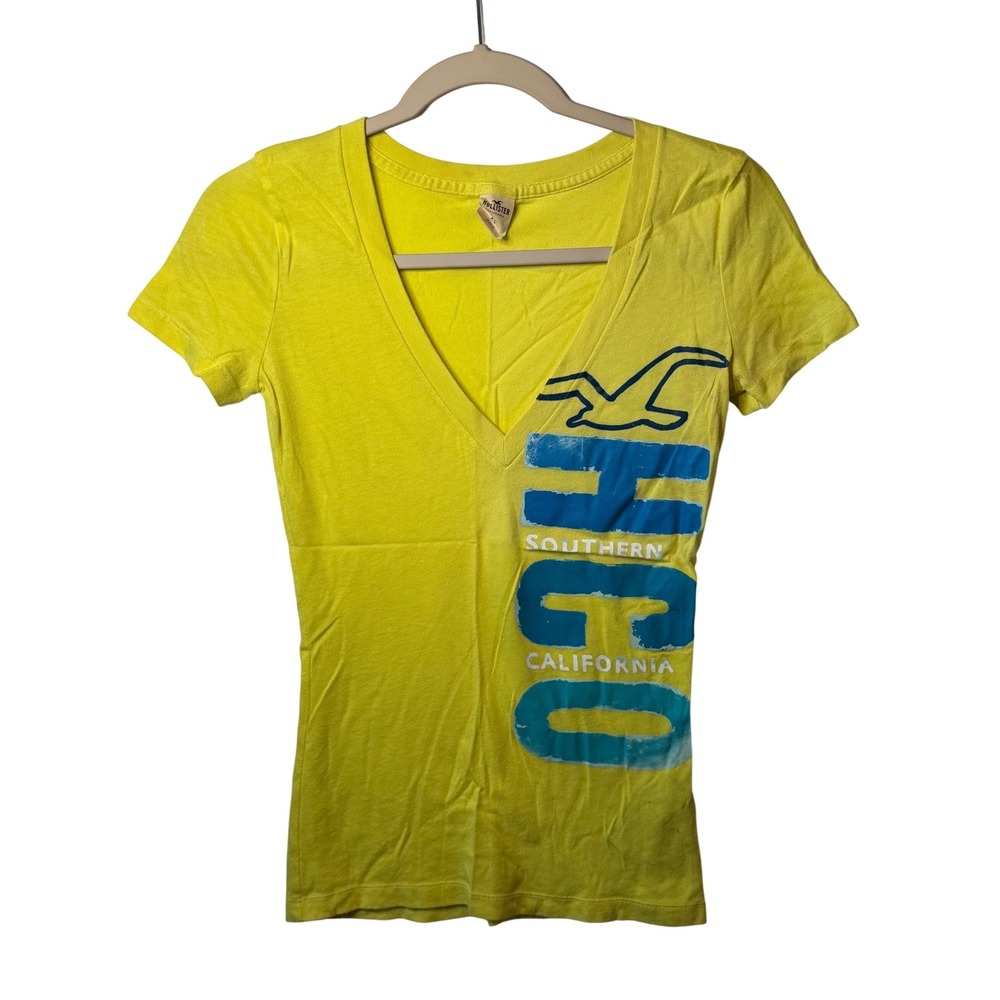 Hollister Womens XS Yellow Graphic V-Neck T-Shirt HCO Southern‎ California Tee